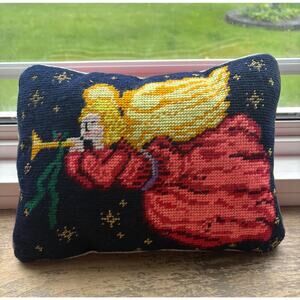 Vintage Needlepoint Christmas Pillow—Mid Century—Angel Holiday Decor